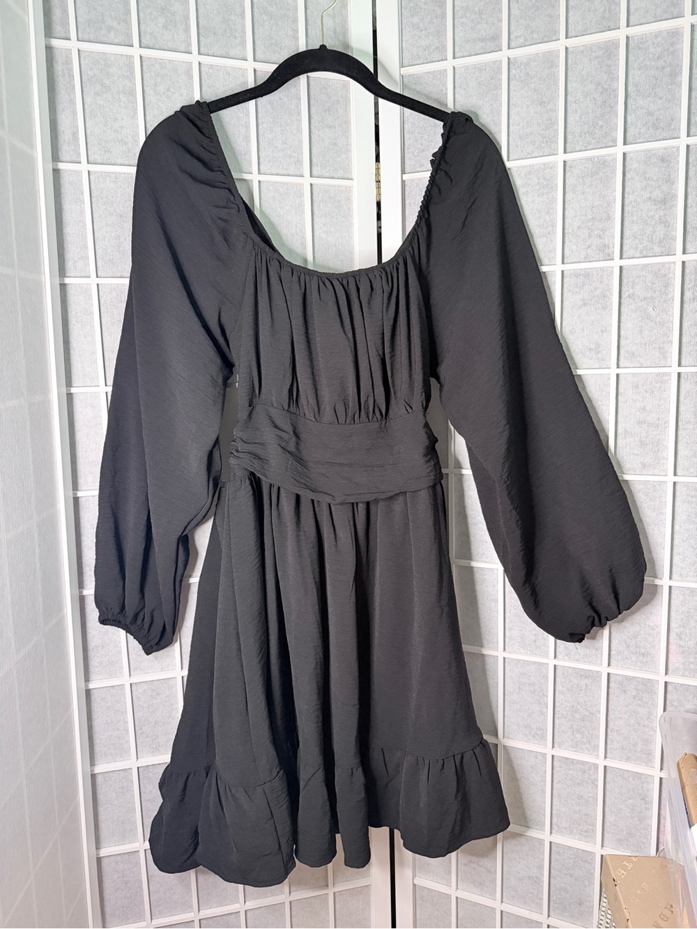 Black Long Sleeve Smocked Waist Dress